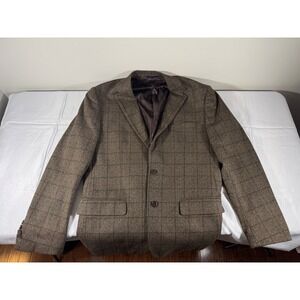 Duchamp London Mens 44L Slim Fit Brown Herringbone Windowpane Blazer Sport Coat